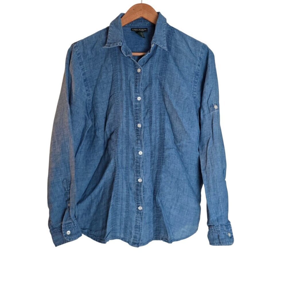 Women's - Lauren Jeans Co. Blue Linen Button Down Shirt, Size Medium - Picture 2 of 6
